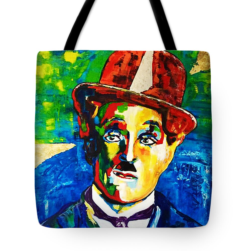 Home Design Tote Bag featuring the painting CHARLIE CHAPLIN Gold and Silver by Kathleen Artist PRO