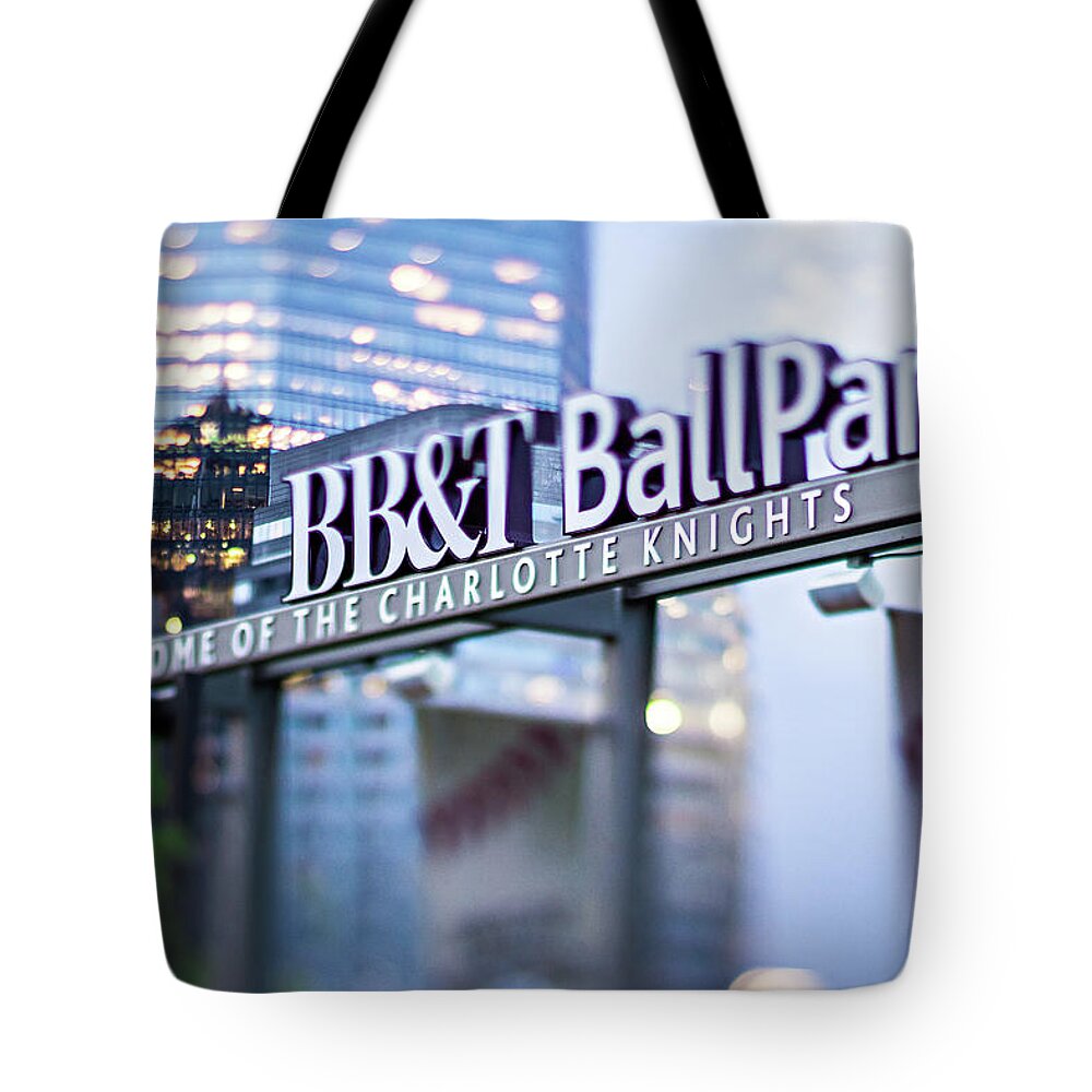 Skyline Tote Bag featuring the photograph Charlotte NC USA BBT baseball park sign by Alex Grichenko