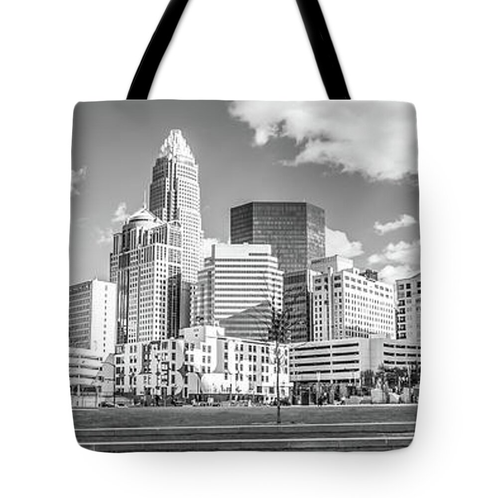 121 West Trade Tote Bag featuring the photograph Charlotte Skyline Panorama Black and White Image by Paul Velgos