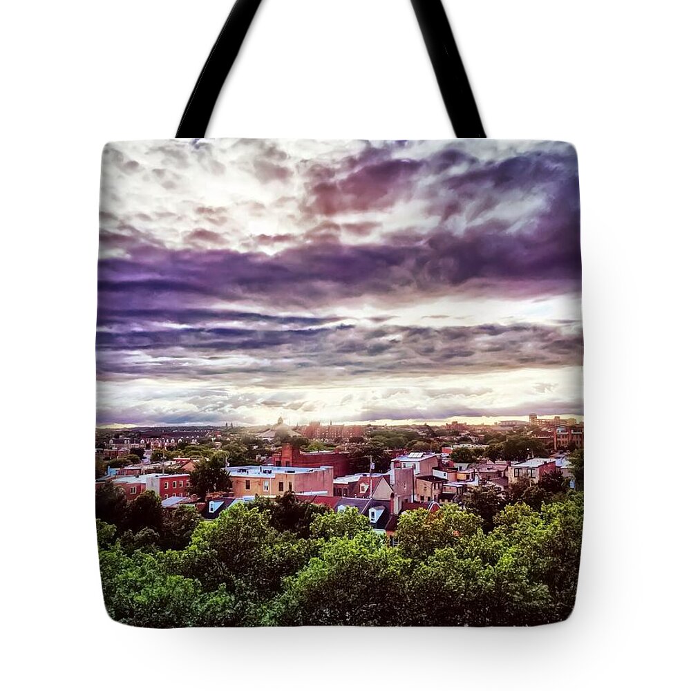 Landscape Tote Bag featuring the photograph Charm City Sunset by Chris Montcalmo