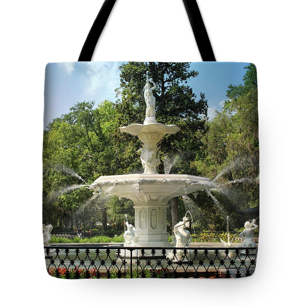 Savannah Georgia Tote Bag featuring the photograph Charming Savannah Fountain by Carol Groenen
