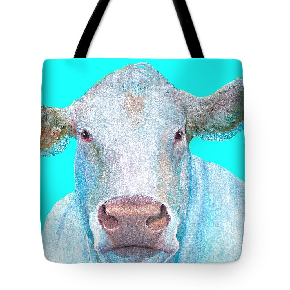 Charolais Tote Bag featuring the painting Charolais Cow painting on blue background by Jan Matson