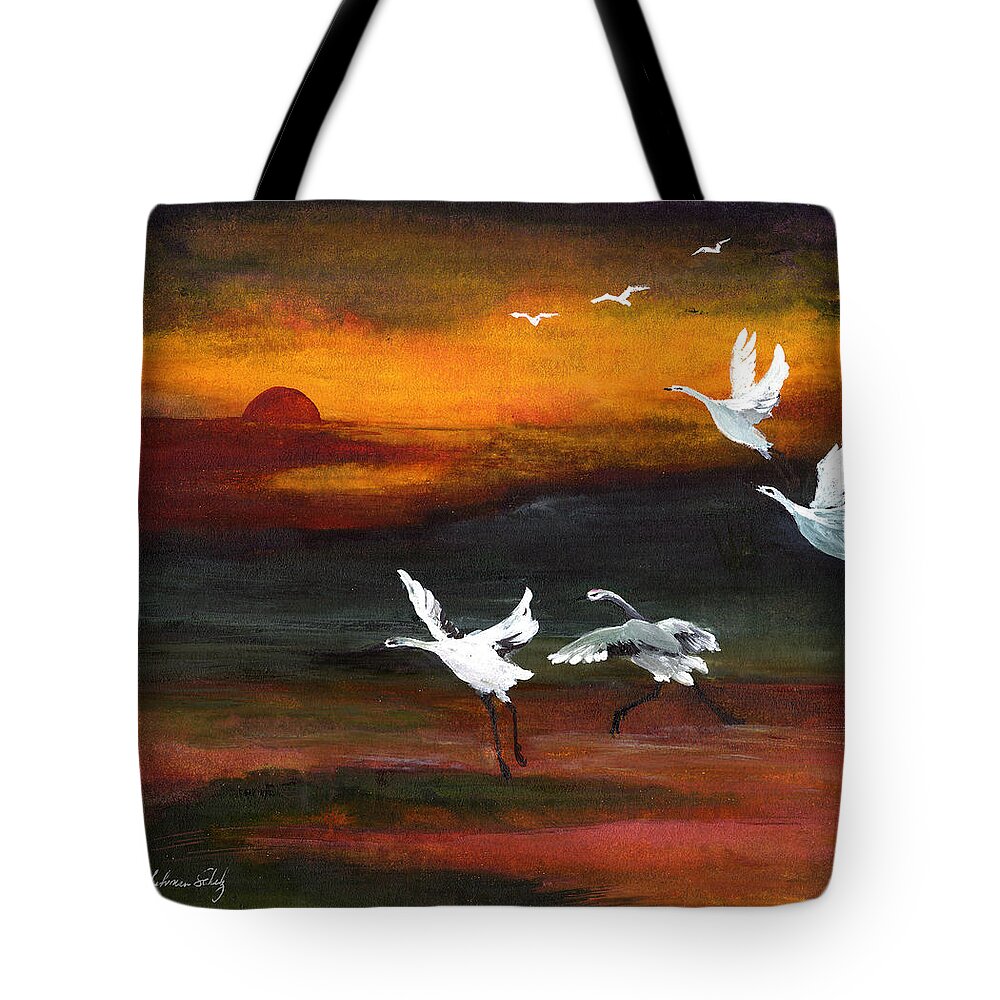Cranes Tote Bag featuring the painting Chasing the Sun by Charlene Fuhrman-Schulz
