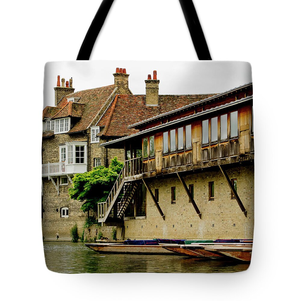 Cambridge Tote Bag featuring the photograph Chauffeur punts station in Cambridge. by Elena Perelman