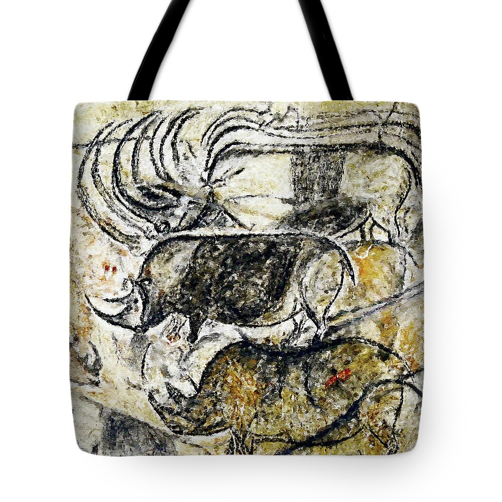 Chauvet Tote Bag featuring the photograph Chauvet Three Rhinoceros by Weston Westmoreland
