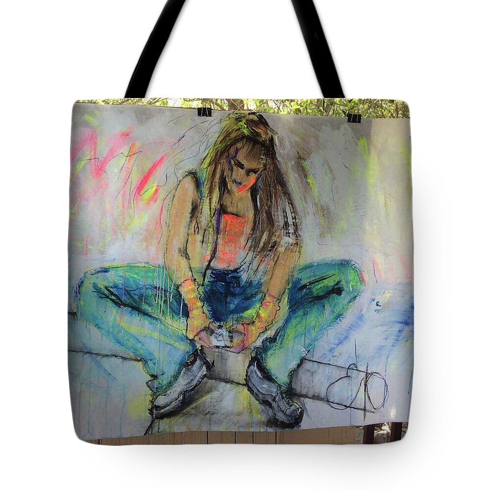 Figure Tote Bag featuring the painting Checking Email by Elizabeth Parashis