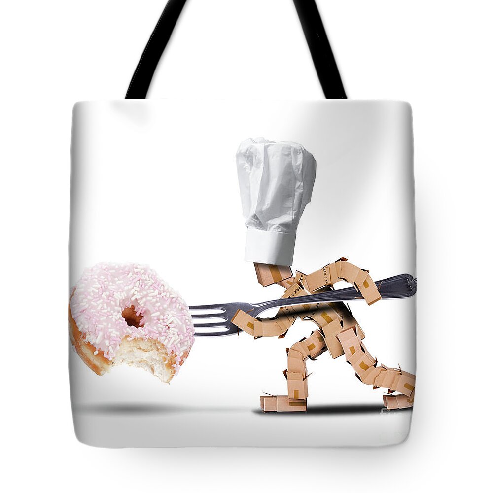 Kitchen Tote Bag featuring the digital art Chef box character attacking a large donut by Simon Bratt