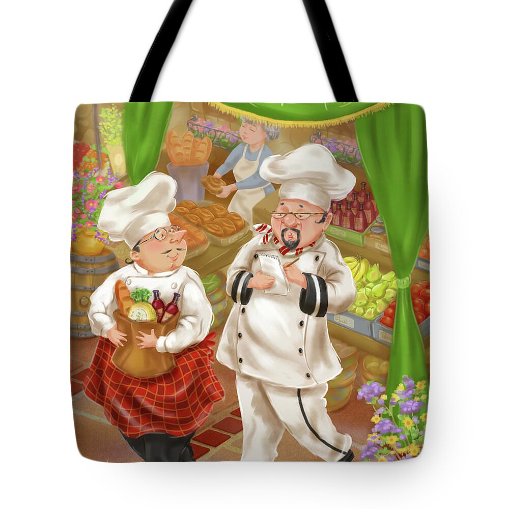 Chef Tote Bag featuring the mixed media Chefs Go to Market III by Shari Warren