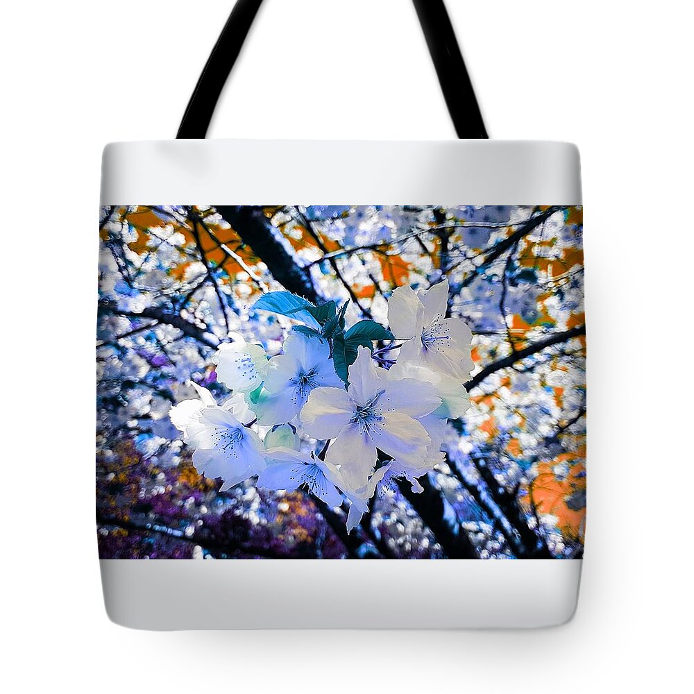 Fantasy Tote Bag featuring the photograph Cherry Blossom Splash In Blue Dream by Rowena Tutty