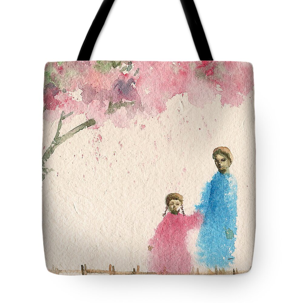 Figurative Tote Bag featuring the painting Cherry blossom tree over the bridge by Asha Sudhaker Shenoy