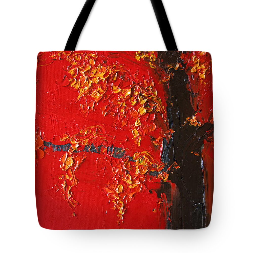 Landscape Tote Bag featuring the painting Cherry Blossom Tree - Red Yellow by Patricia Awapara