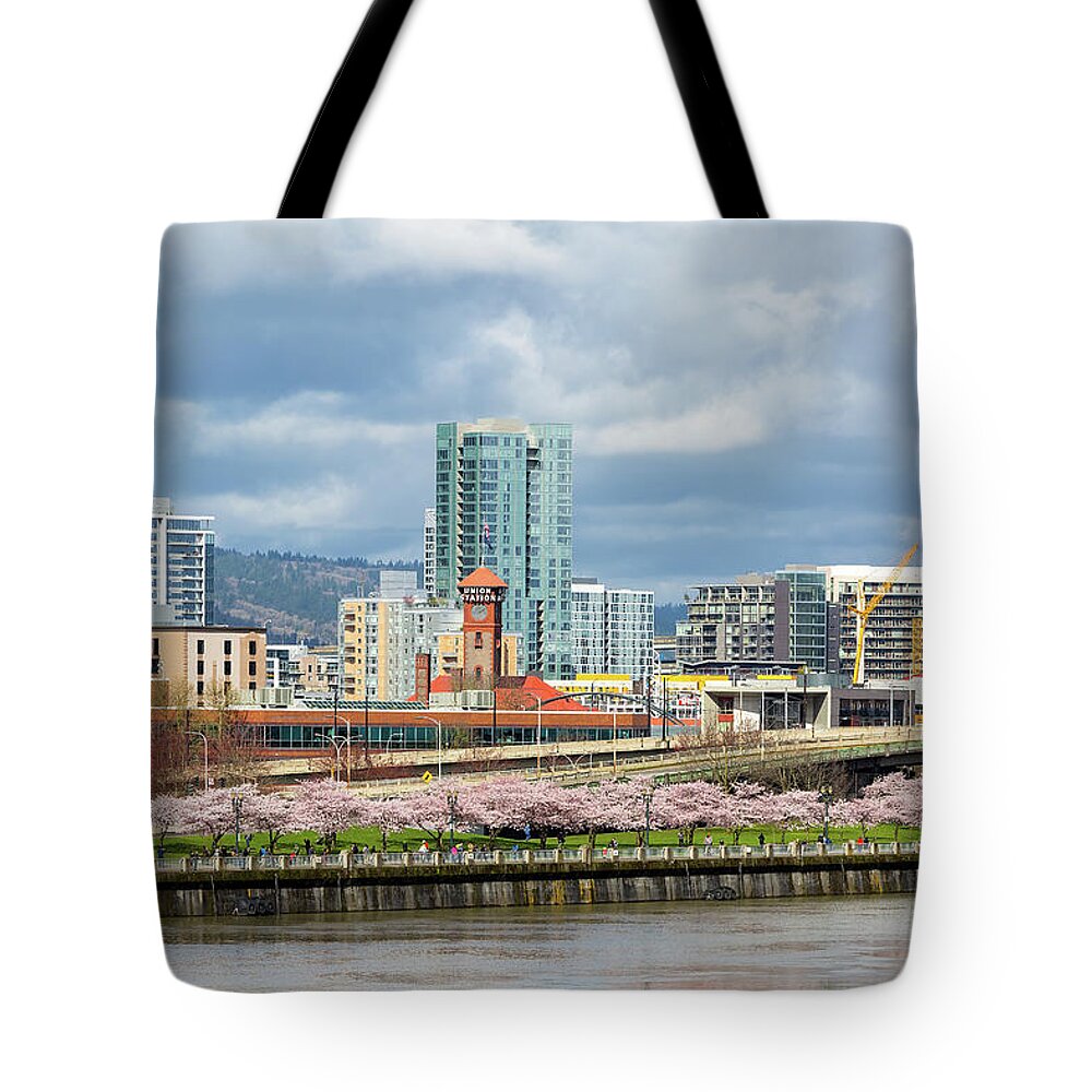 Cherry Blossom Tote Bag featuring the photograph Cherry Blossom Trees at Portland Waterfront Park by David Gn
