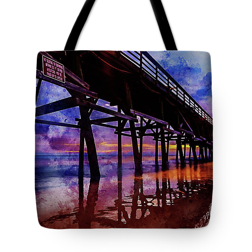 Cherry Grove Tote Bag featuring the digital art Cherry Grove Pier Sunrise Watercolor by David Smith