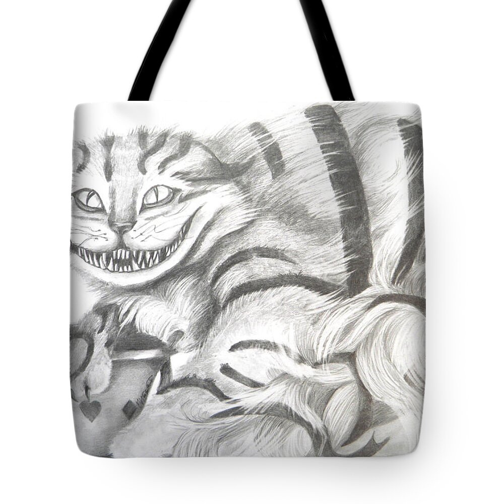 Cat Tote Bag featuring the drawing Chershire cat by Meagan Visser