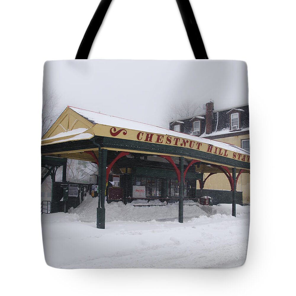 Chestnut Tote Bag featuring the photograph Chestnut Hill Station in Winter by Bill Cannon