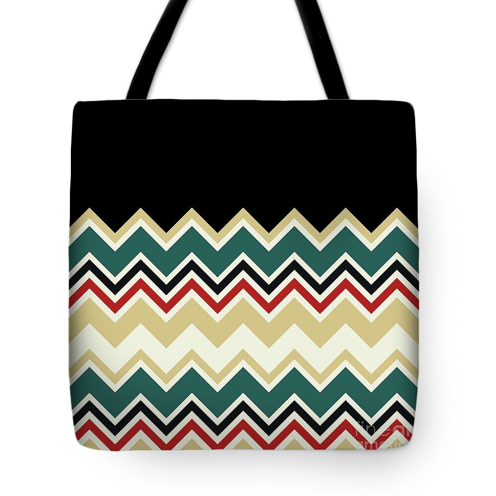 Forest Green Tote Bag featuring the digital art Chevron Beige Forest Green Red Black Zigzag Pattern by Beverly Claire Kaiya