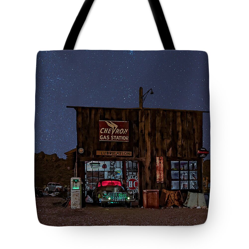 Chevron Tote Bag featuring the photograph Chevron Gas Station Under The Stars by Susan Candelario
