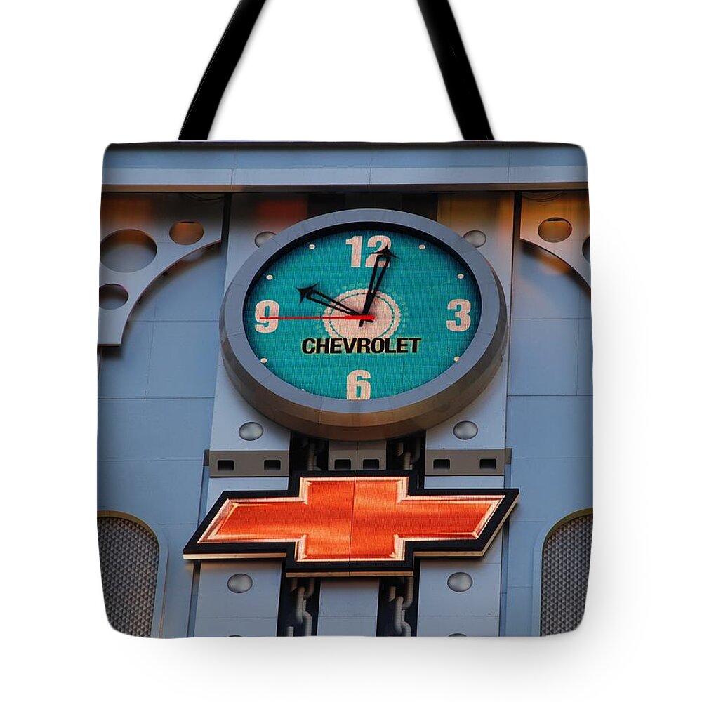 Clock Tote Bag featuring the photograph Chevy Times Square Clock by Rob Hans