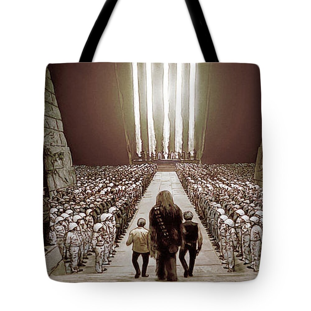 Star Wars Tote Bag featuring the digital art Chewbacca's March to Disappointment by Kurt Ramschissel