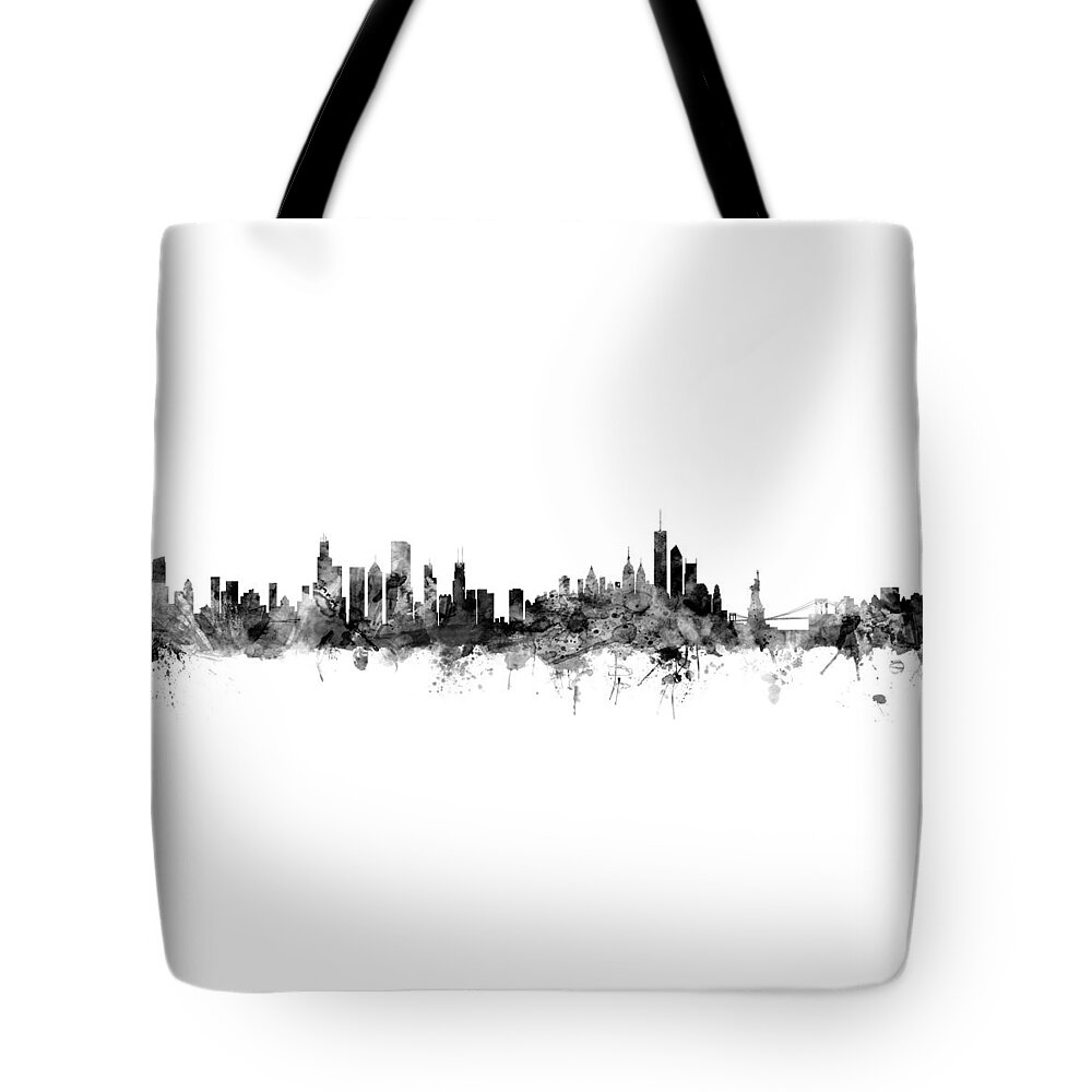 United States Tote Bag featuring the digital art Chicago and New York City Skylines Mashup by Michael Tompsett