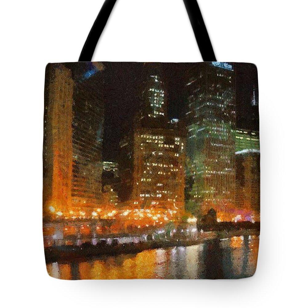 Chicago Tote Bag featuring the painting Chicago at Night by Jeffrey Kolker