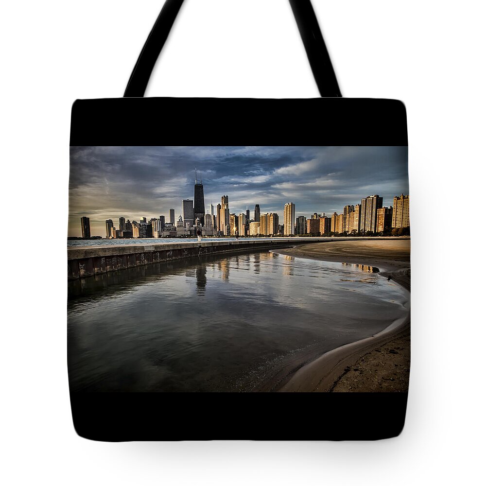 Chicago Tote Bag featuring the photograph Chicago beach and Skyline with a person for scale by Sven Brogren
