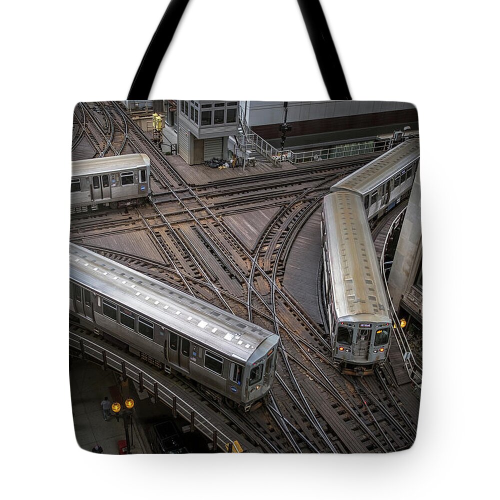 #railroad #railroads Train #trains Tote Bag featuring the photograph Chicago CTA Tower 18 Junction by Jim Pearson