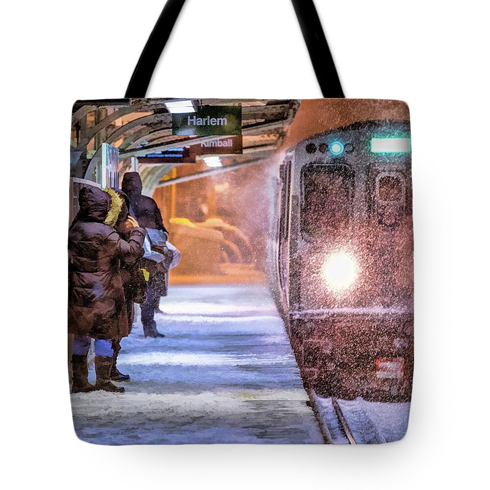 Chicago Tote Bag featuring the painting Chicago El Snowstorm by Christopher Arndt