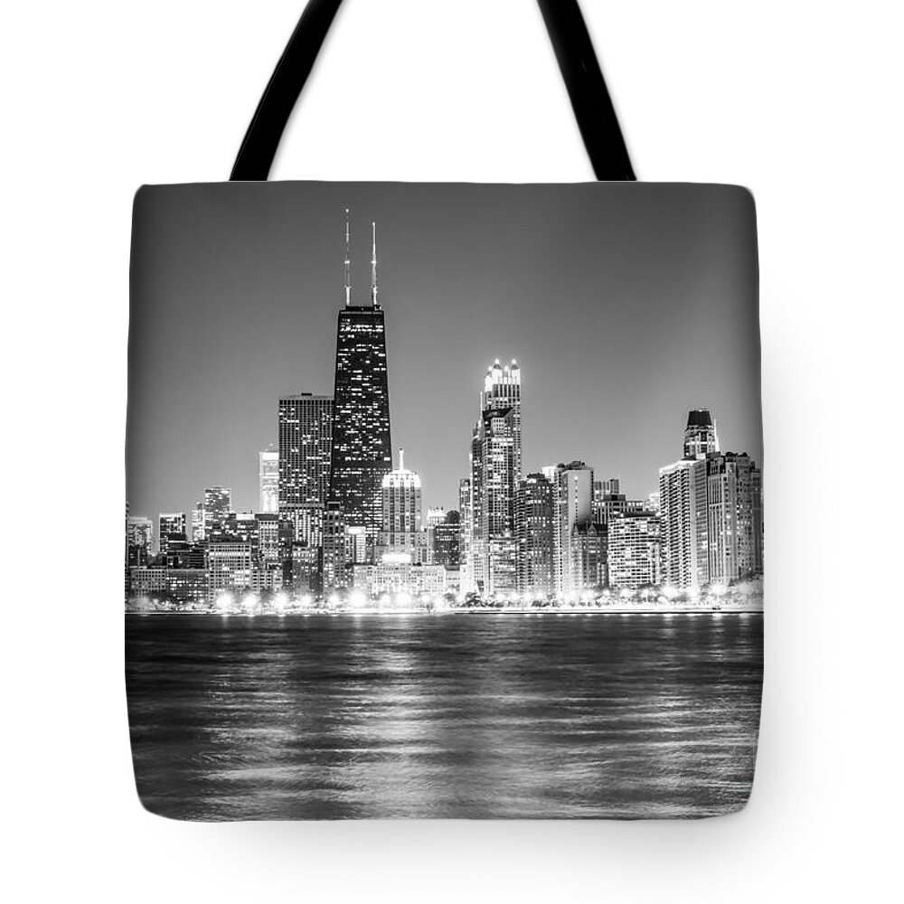 2012 Tote Bag featuring the photograph Chicago Lakefront Skyline Black and White Photo by Paul Velgos