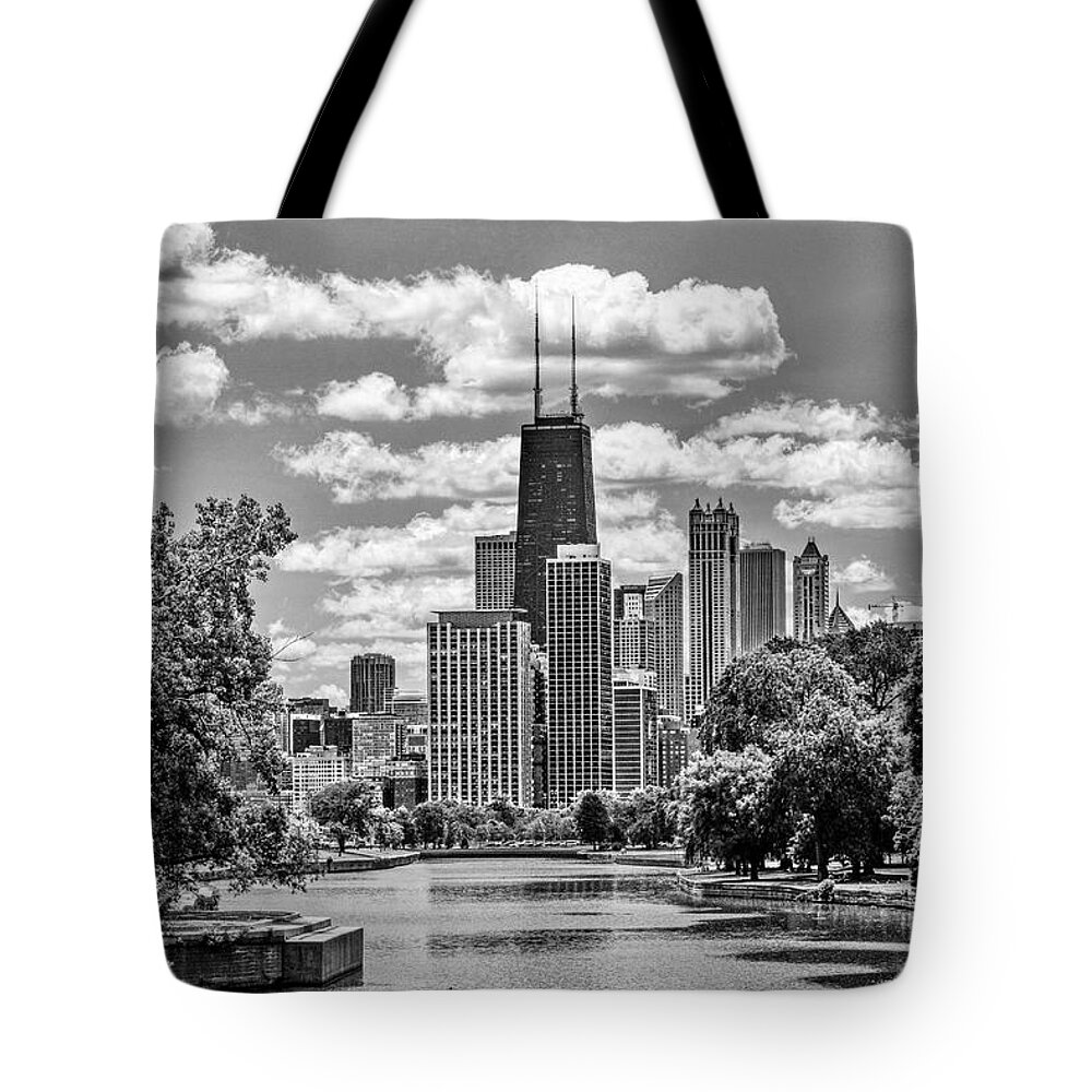 Buildings Tote Bag featuring the painting Chicago Lincoln Park Lagoon Black and White by Christopher Arndt