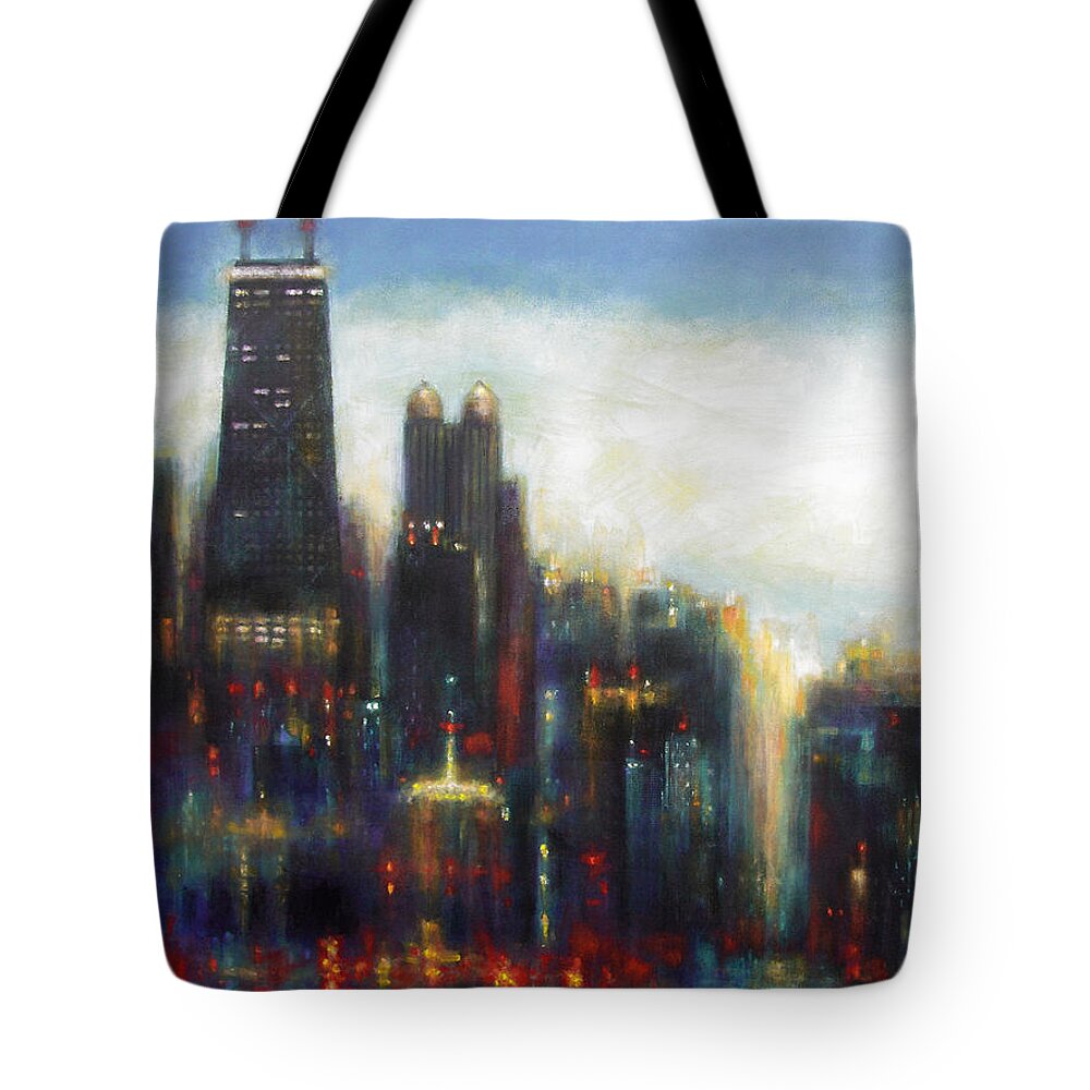 Painting Of Chicago Skyline Tote Bag featuring the painting Chicago - Misty Morning by Joseph Catanzaro