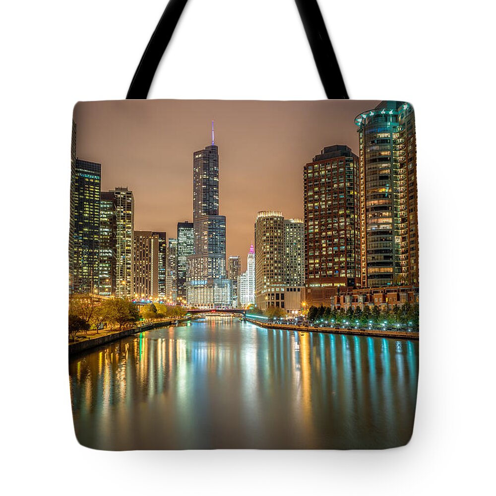 Chicago Tote Bag featuring the photograph Chicago River at Night by James Udall