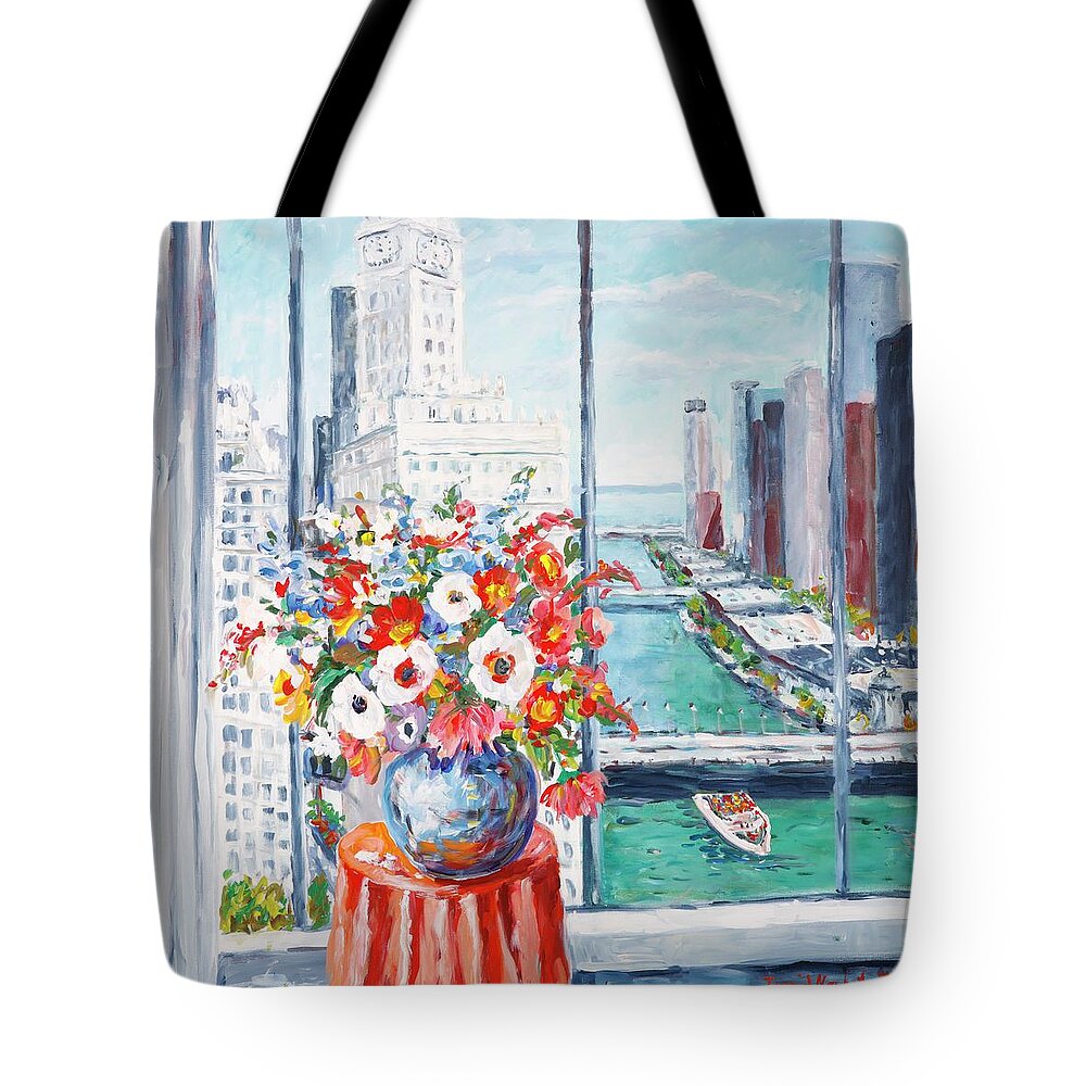Flowers Tote Bag featuring the painting Chicago River by Ingrid Dohm