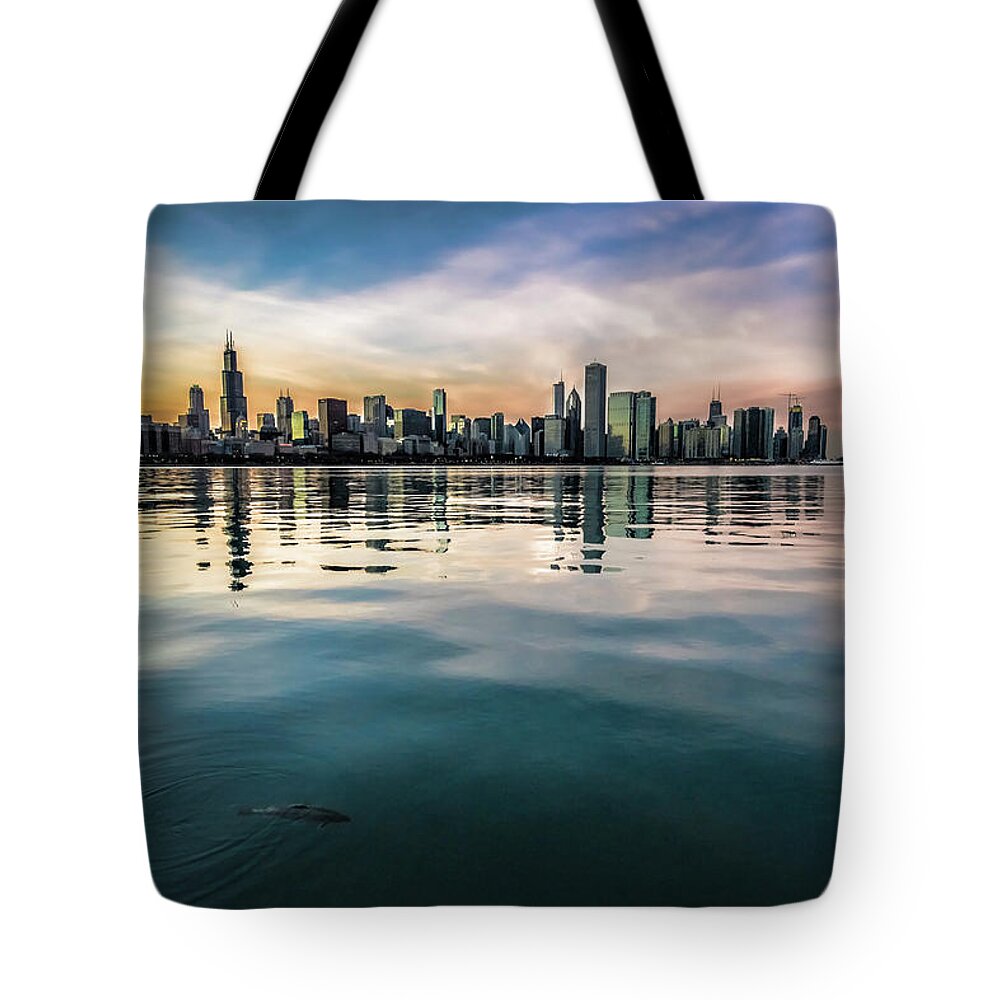 Chicago Skyline Tote Bag featuring the photograph Chicago Skyline and fish at dusk by Sven Brogren