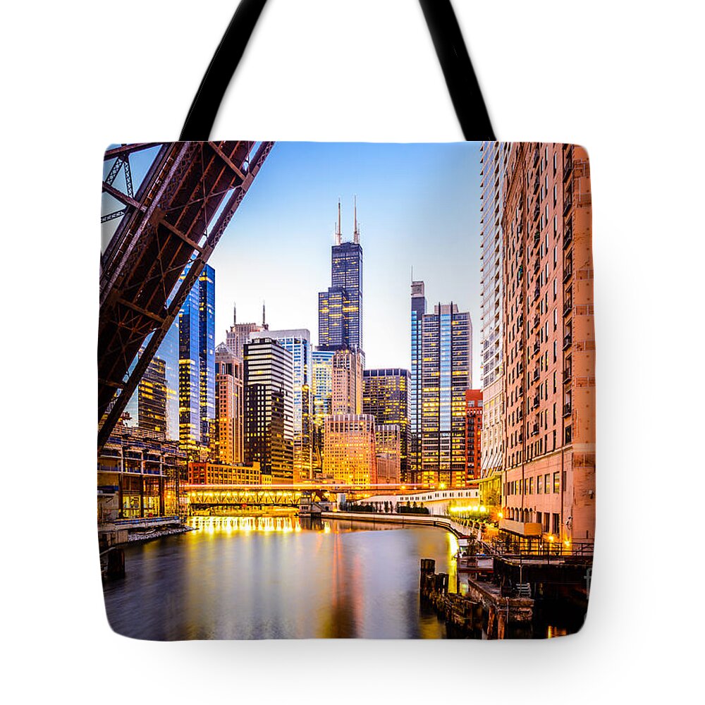America Tote Bag featuring the photograph Chicago Skyline at Night and Kinzie Bridge by Paul Velgos