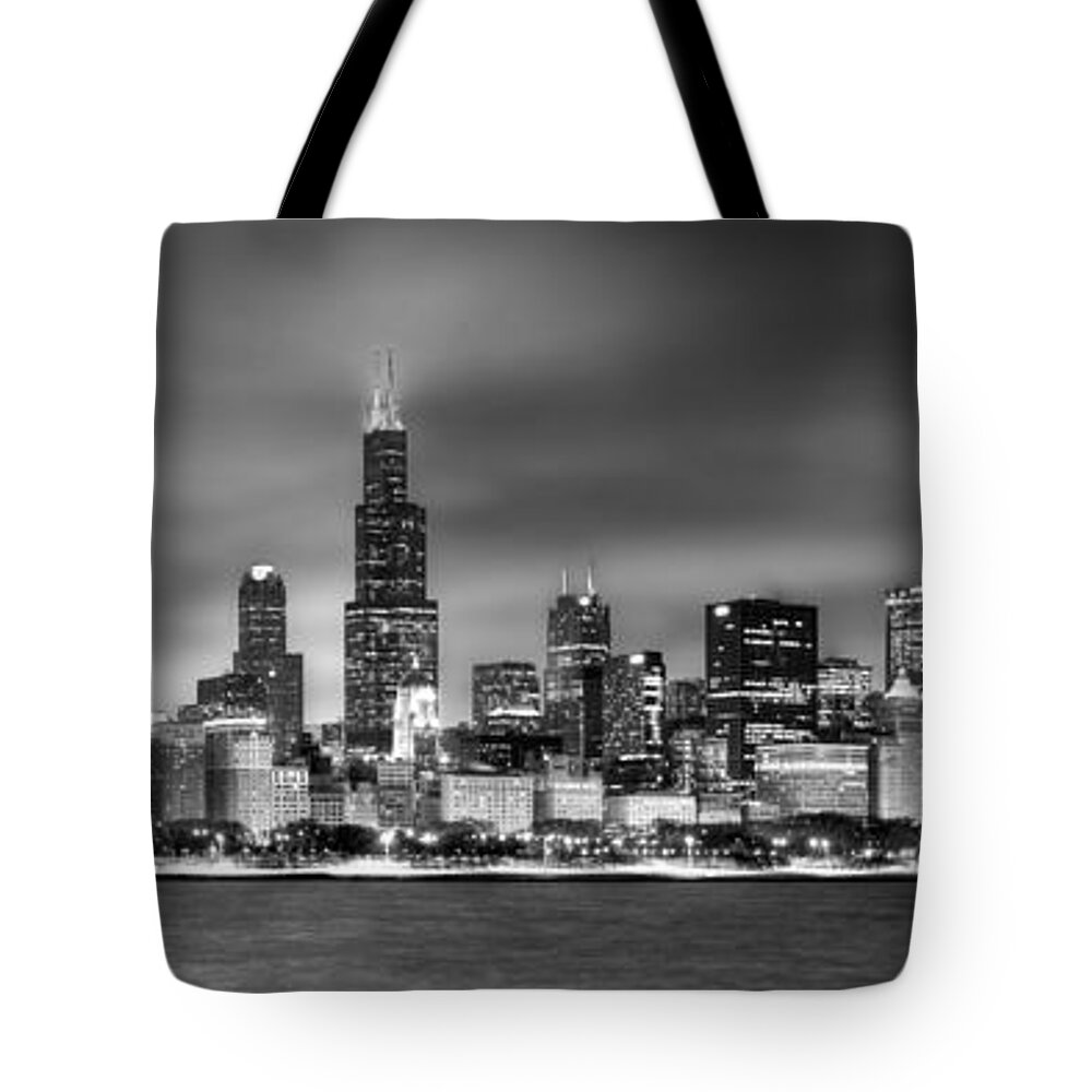 Chicago Skyline Tote Bag featuring the photograph Chicago Skyline at NIGHT black and white by Jon Holiday