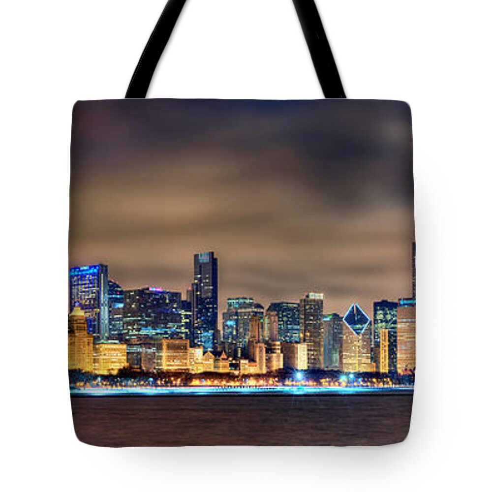 Chicago Tote Bag featuring the photograph Chicago Skyline at NIGHT Panorama Color 1 to 3 Ratio by Jon Holiday