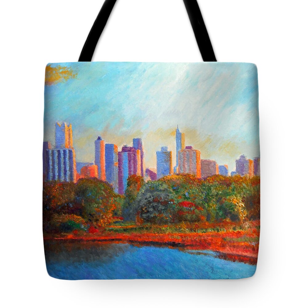 Chicago Tote Bag featuring the painting Chicago Skyline from the Lagoon by Michael Durst