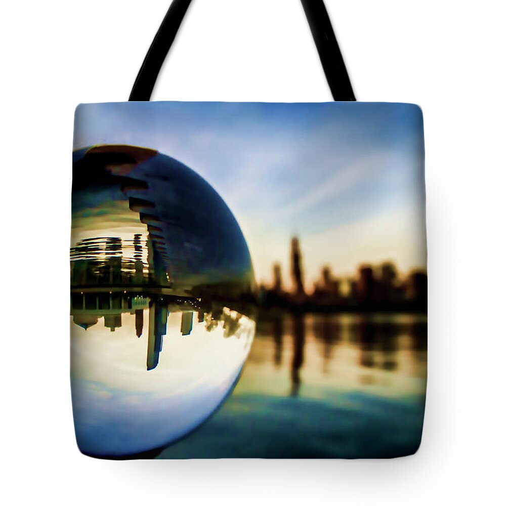 Chicago Tote Bag featuring the photograph Chicago Skyline though a glass ball by Sven Brogren