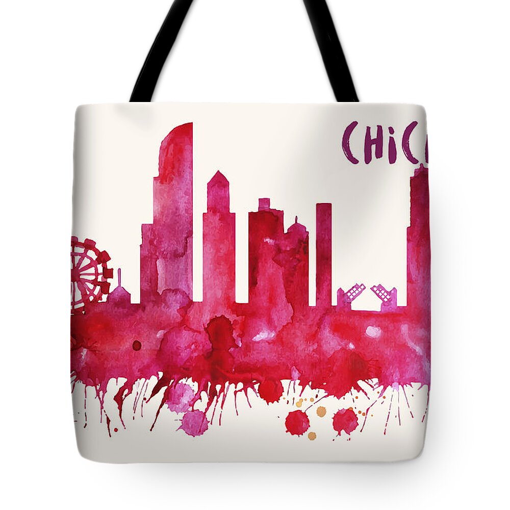 Chicago Tote Bag featuring the painting Chicago Skyline Watercolor Poster - Cityscape Painting Artwork by Beautify My Walls