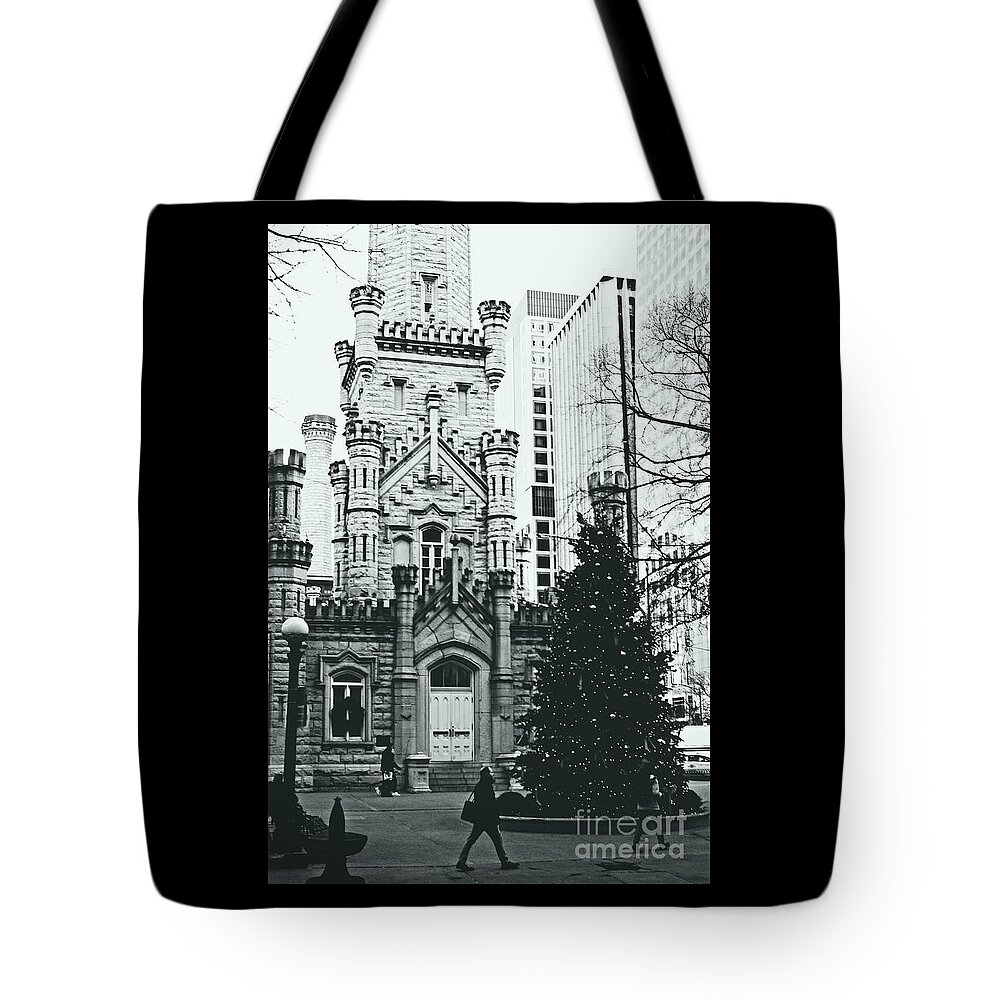 America Tote Bag featuring the photograph Chicago Water Tower Christmas Tree - Monochrome by Frank J Casella