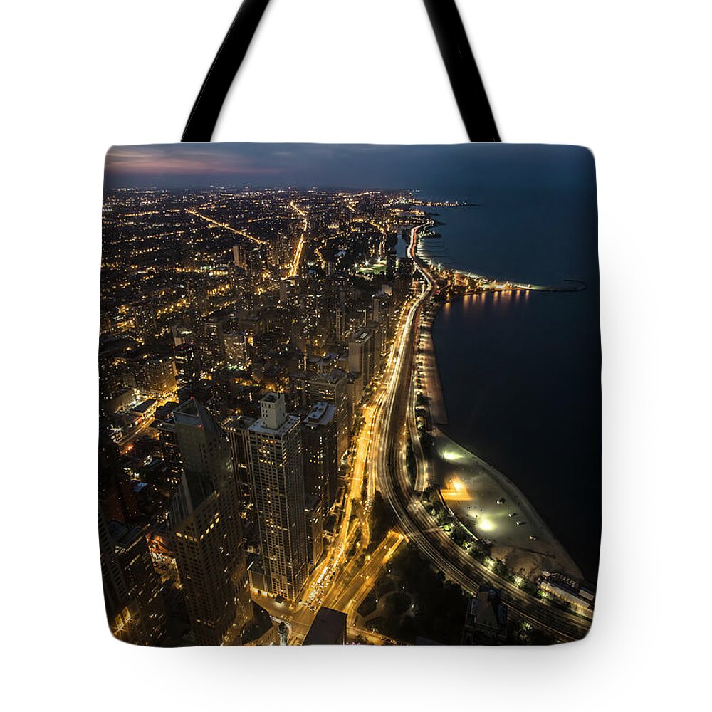 John Hancock Tote Bag featuring the photograph Chicago's north side from above at night by Sven Brogren