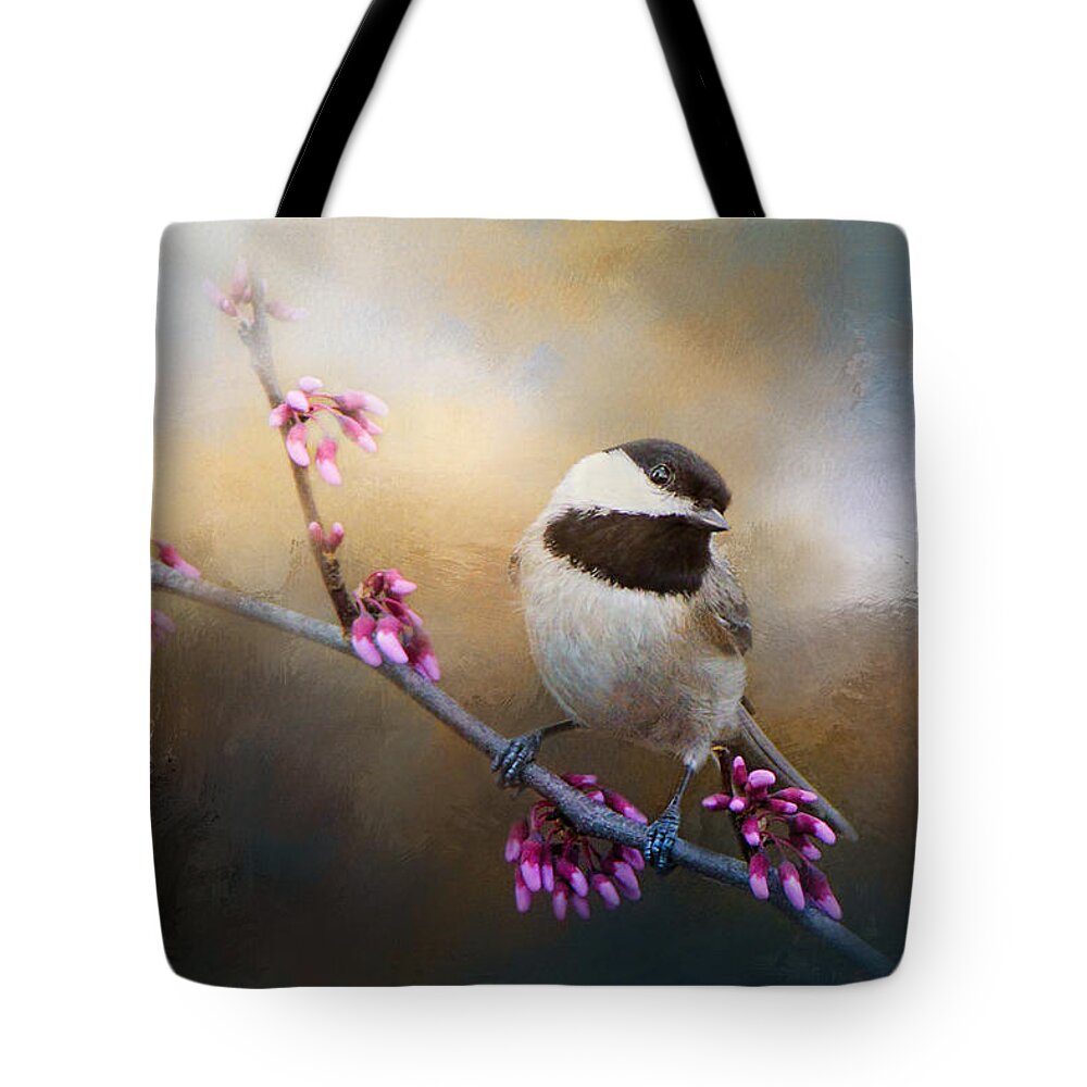 Jai Johnson Tote Bag featuring the photograph Chickadee And Pink Blooms by Jai Johnson