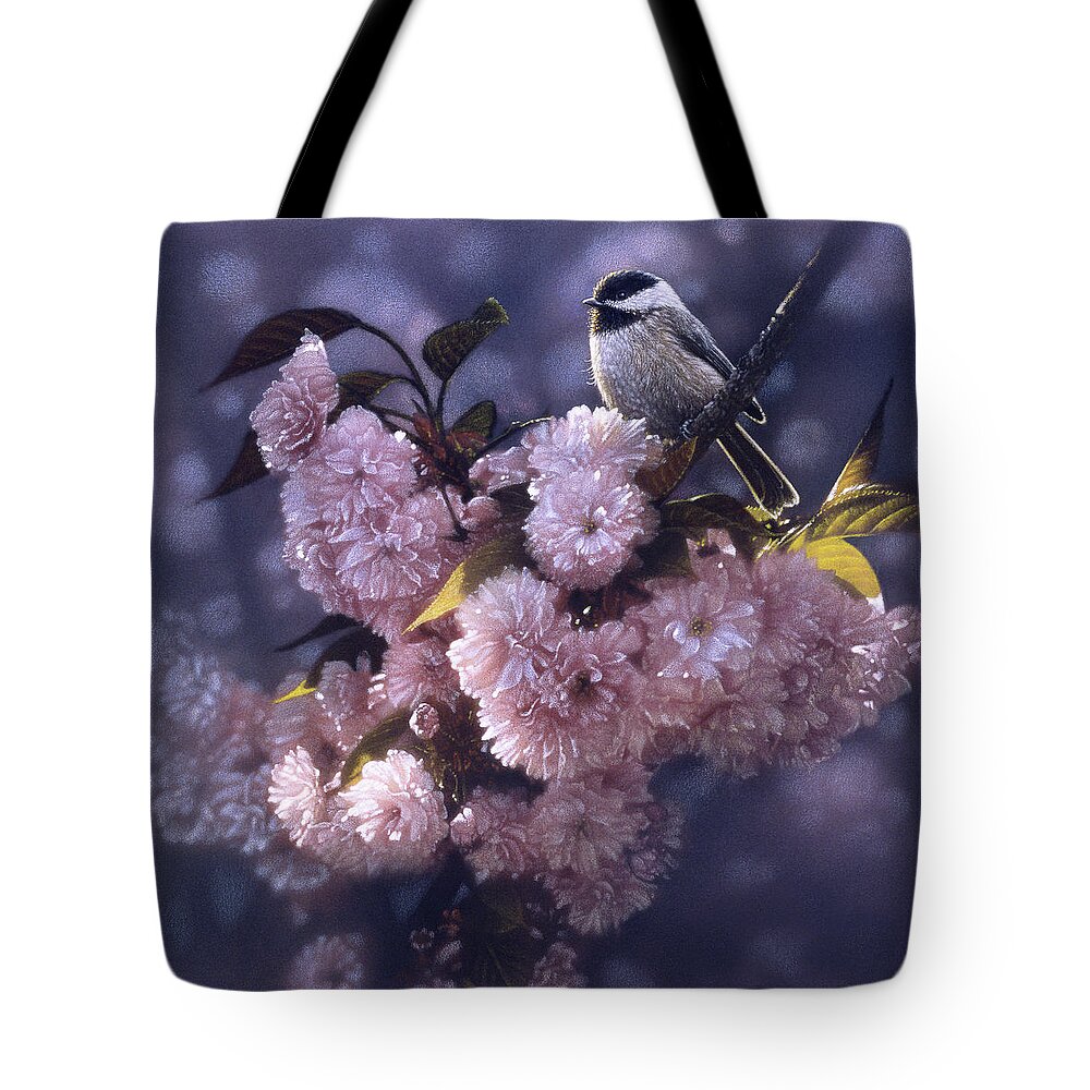 Chickadee Art Tote Bag featuring the painting Chickadee - In Spring Pink by Collin Bogle