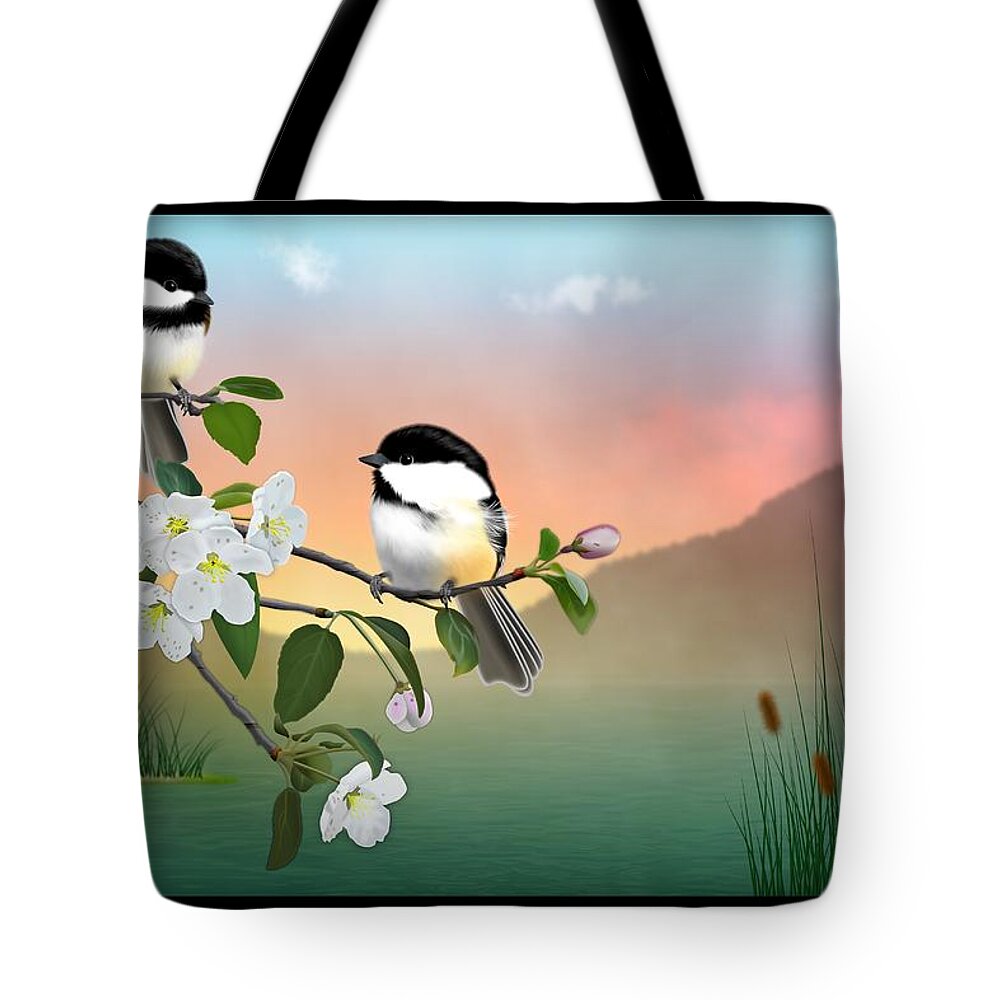 Black Capped Chickadees Tote Bag featuring the digital art Chickadee Lake by John Wills