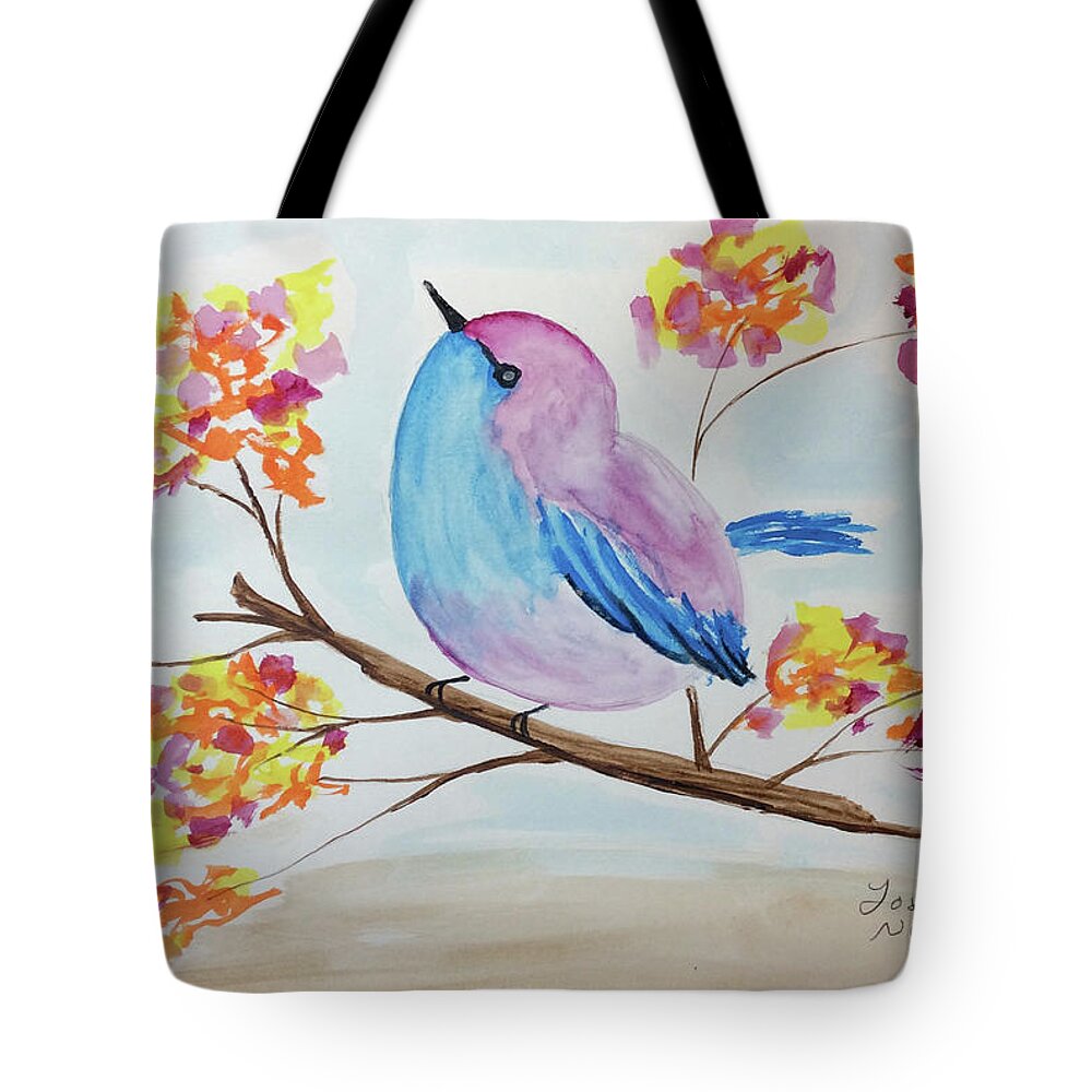 Watercolor Tote Bag featuring the painting Chickadee on a branch with head up by Martin Valeriano
