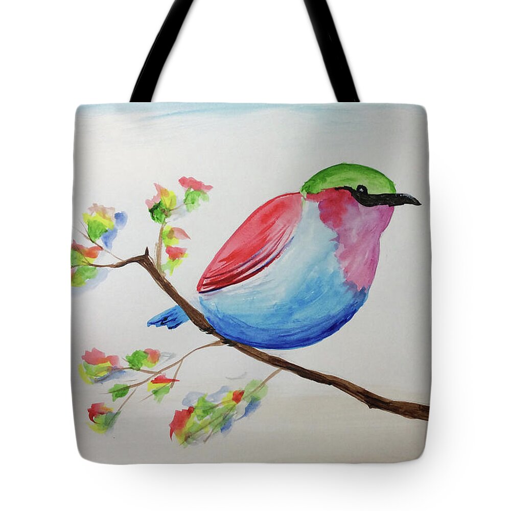 Watercolor Tote Bag featuring the painting Chickadee with green head on a branch by Martin Valeriano