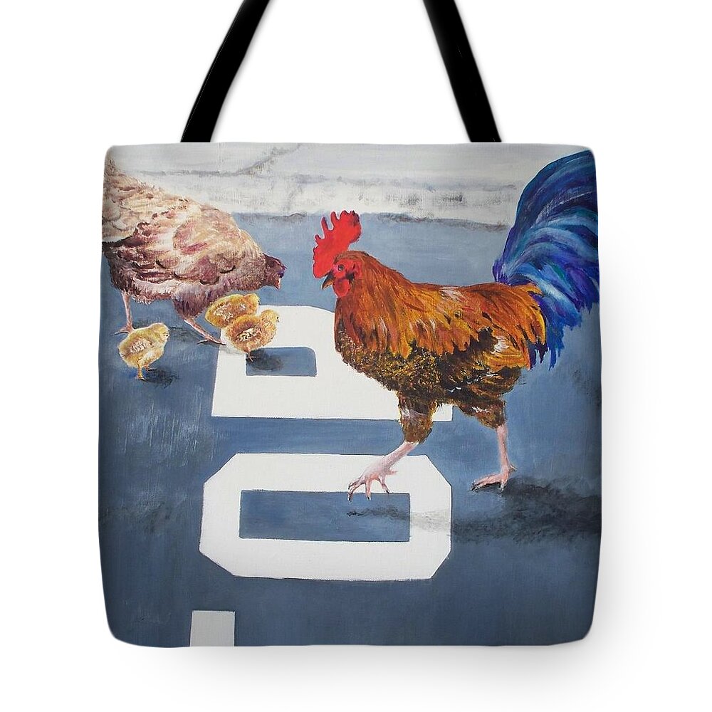 Rooster Tote Bag featuring the painting Chicken Crossing by Celene Terry