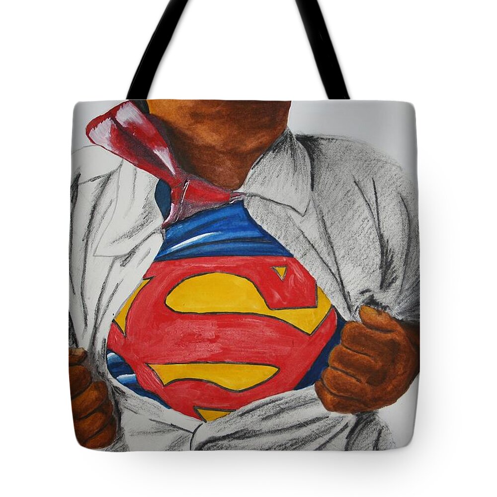 Superman Tote Bag featuring the painting Child of Steel by Edmund Royster