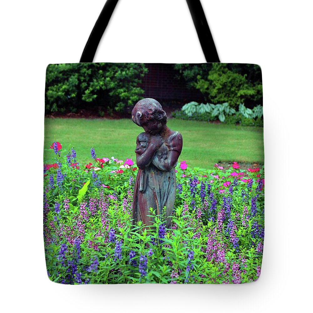 Figurative Tote Bag featuring the photograph Child With Her Pet Statue by Cynthia Guinn